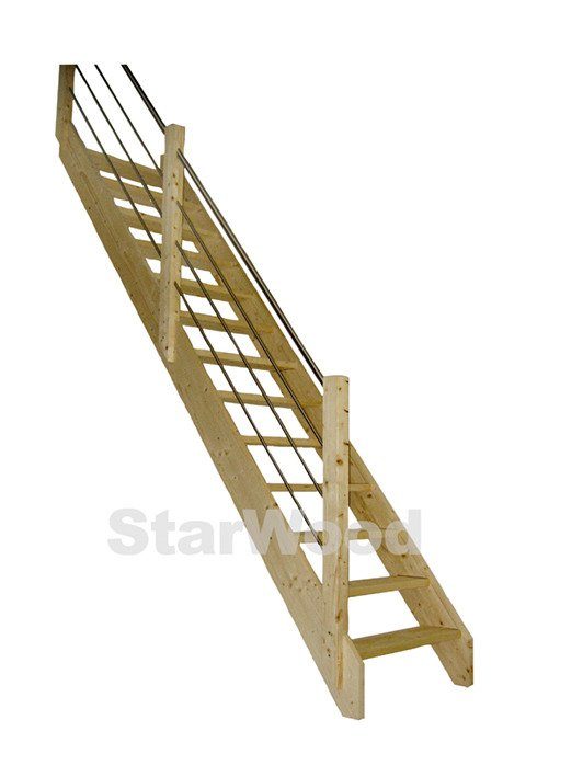 Starwood Raumspartreppe MassivholzKorfu, mit Holz-Edelstahl Links, für Geschosshöhen bis 300 cm, Stufen offen, Durchgehende Wangenteile