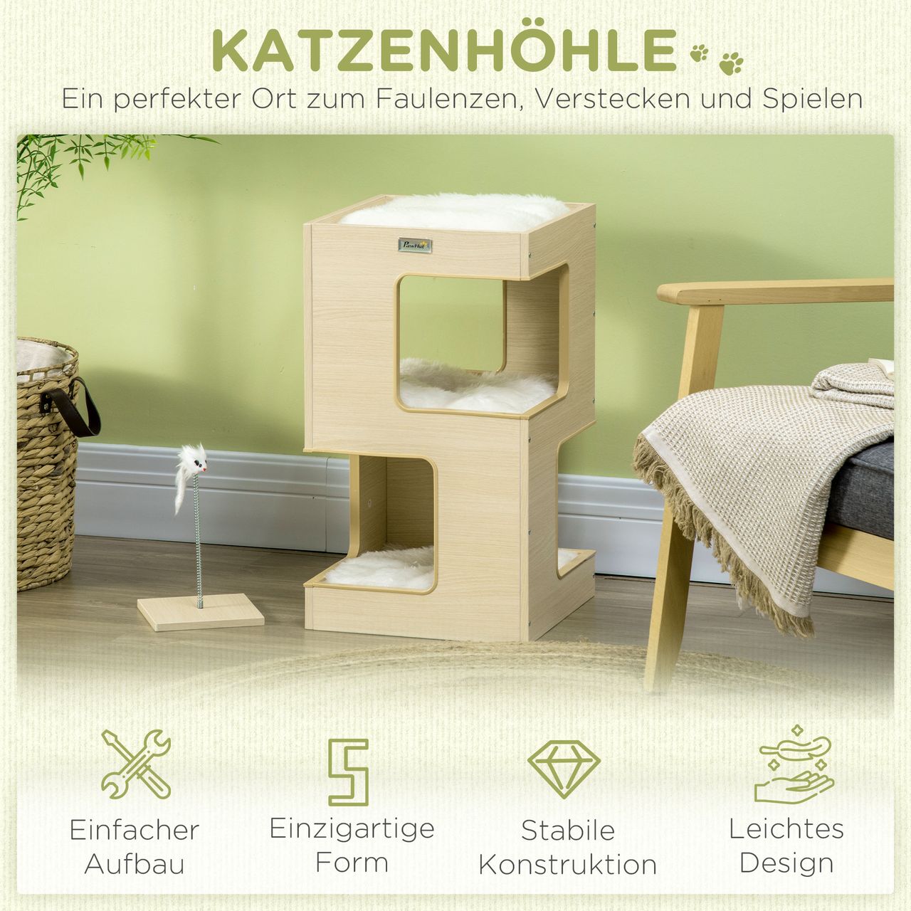 PawHut Katzenhöhle, Katzenhütte, 3-stufiger Katzenschrank mit Kissen, Eiche
