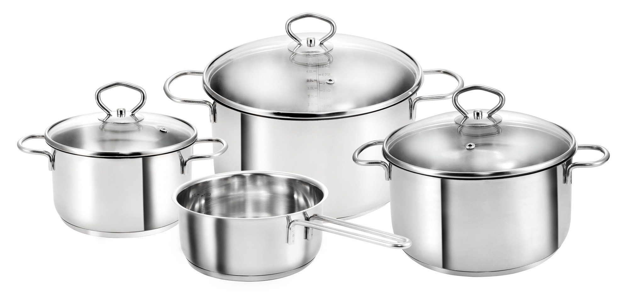 Kopf Topf-Set Merkur 4-teilig, Edelstahl (4-tlg), Induktionstöpfe mit Schüttrand, Literskala und Glasdeckel
