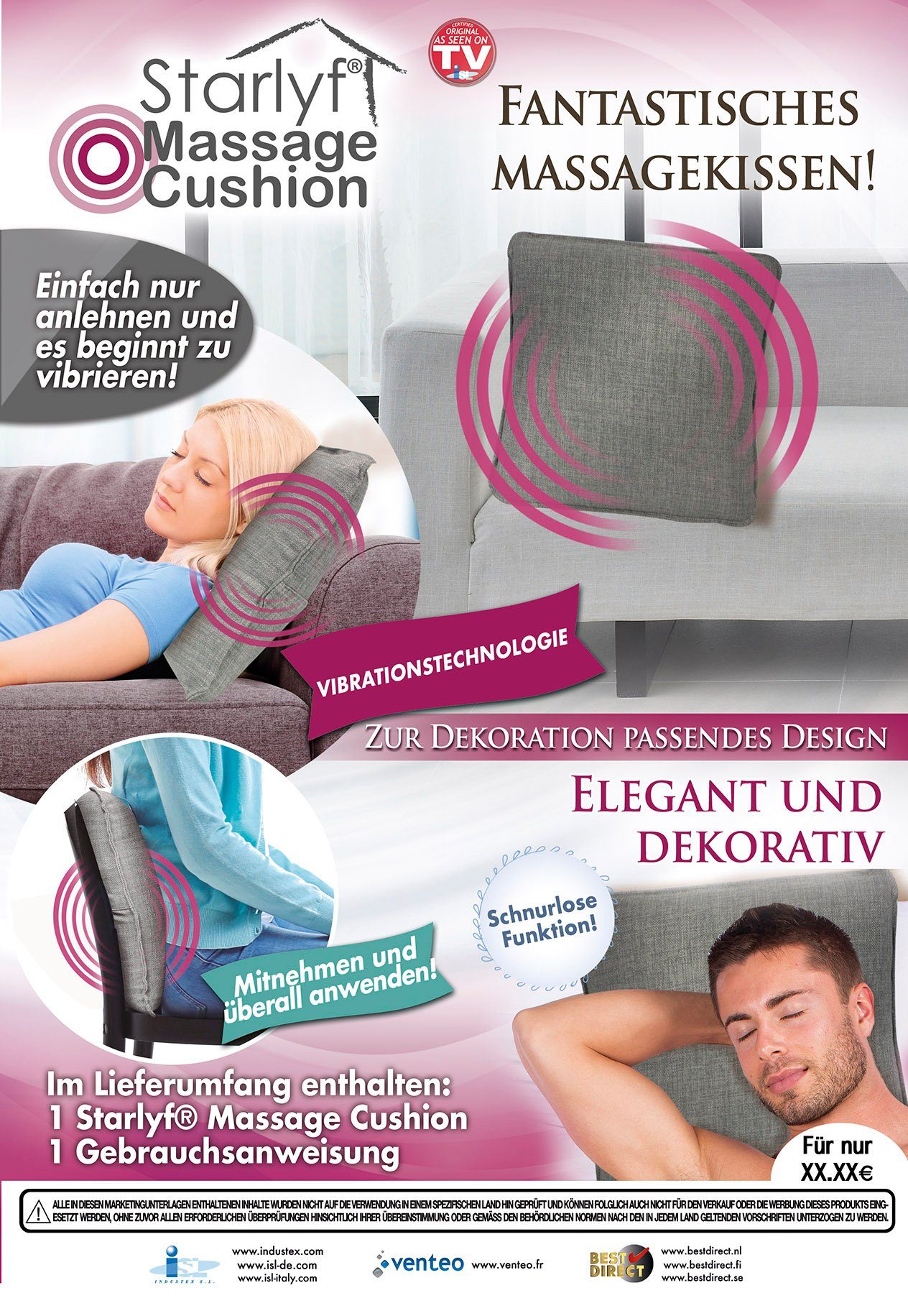 Starlyf Massagekissen Massage Cushion, 1-tlg., Massage Kissen mit Vibrationstechnik, 37x37 cm, grau