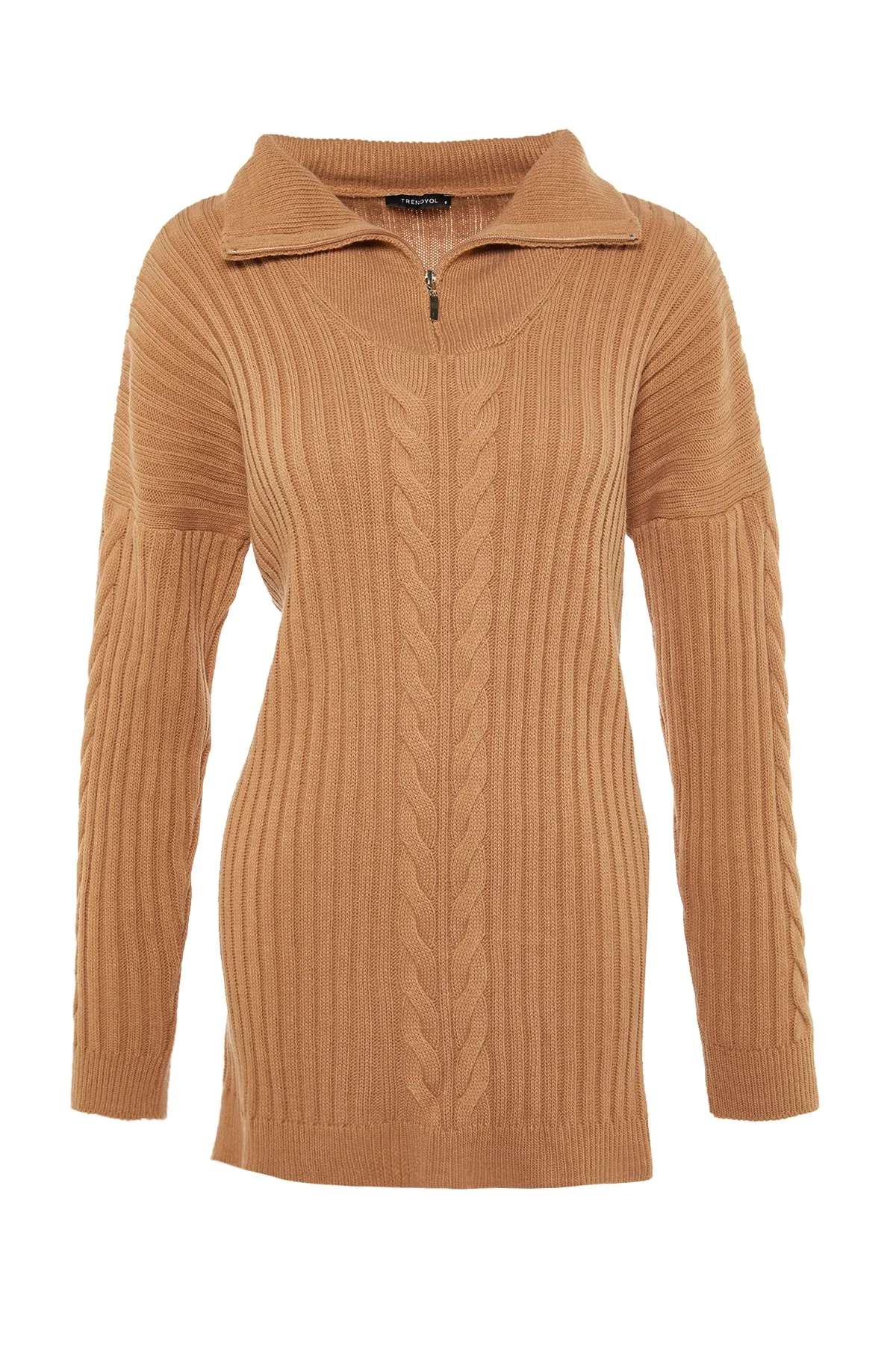 Trendyol Modest  Camel Selanik Strickpullover mit Reißverschluss TCTAW23AK00017