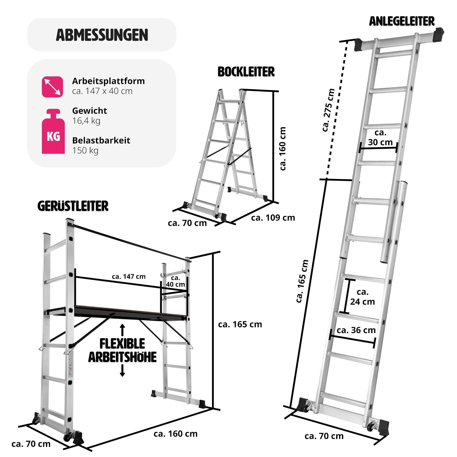 tectake Teleskopleiter Mehrzweckleiter Leitergerüst, faltbar