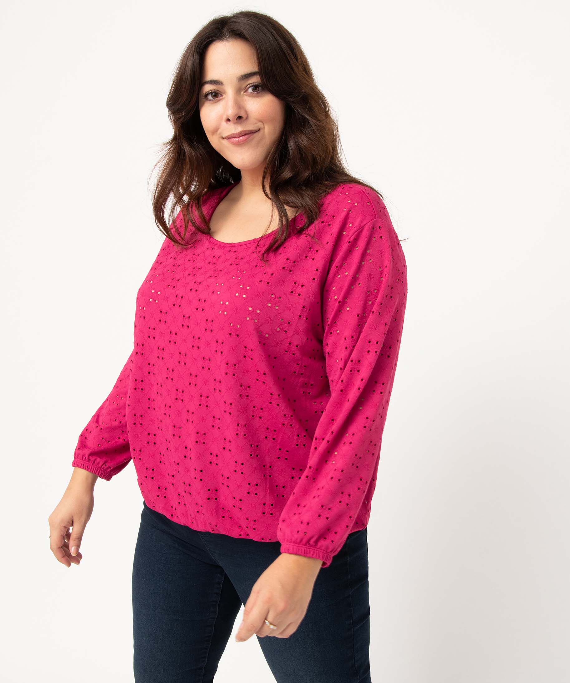 Tee-shirt femme grande taille ajouré à manches 3/4 rose | GEMO