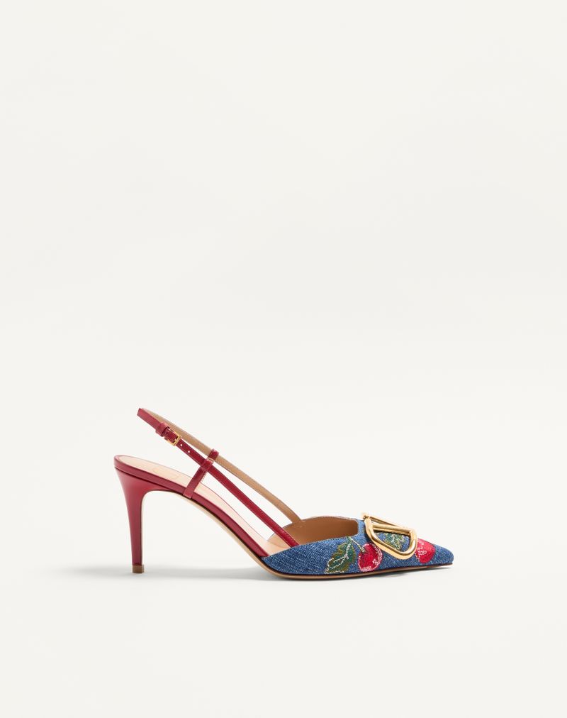 VLogo Signature Slingback Décolleté i denim med 80 mm kirsebærbroderi