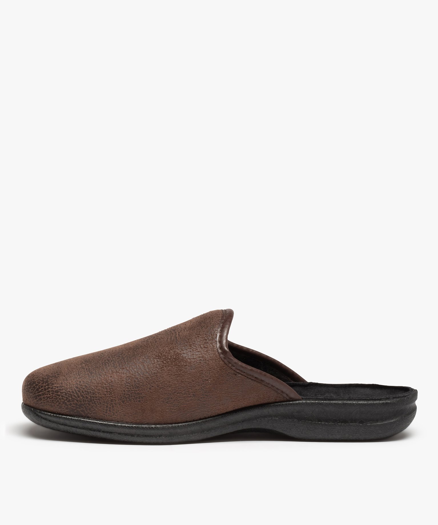 Chaussons homme mules brodées dessus cuir imitation marron | GEMO