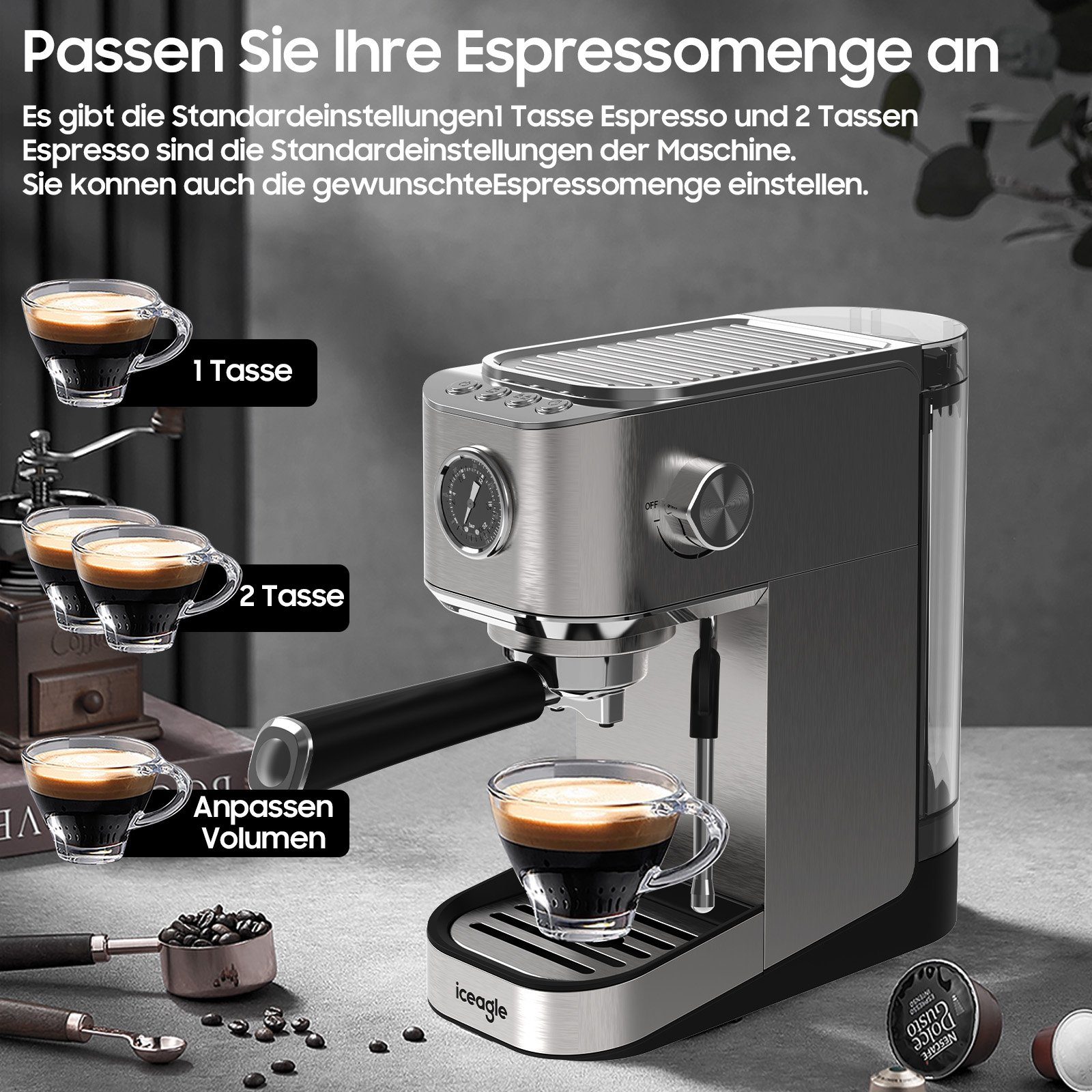 iceagle Espressomaschine Espressomaschine,Kaffeemaschine mit Milchschaumdüse, Filter aus rostfreiem Stahl, für Espresso&Cappuccino, Siebträgermaschine einstellbar Temperatur