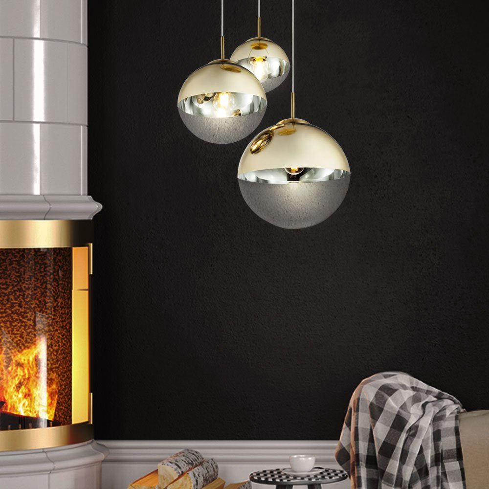 etc-shop Kugelleuchte, Leuchtmittel nicht inklusive, Hängelampe Pendelleuchte Glas 3 flammig goldfarben Glaskugel