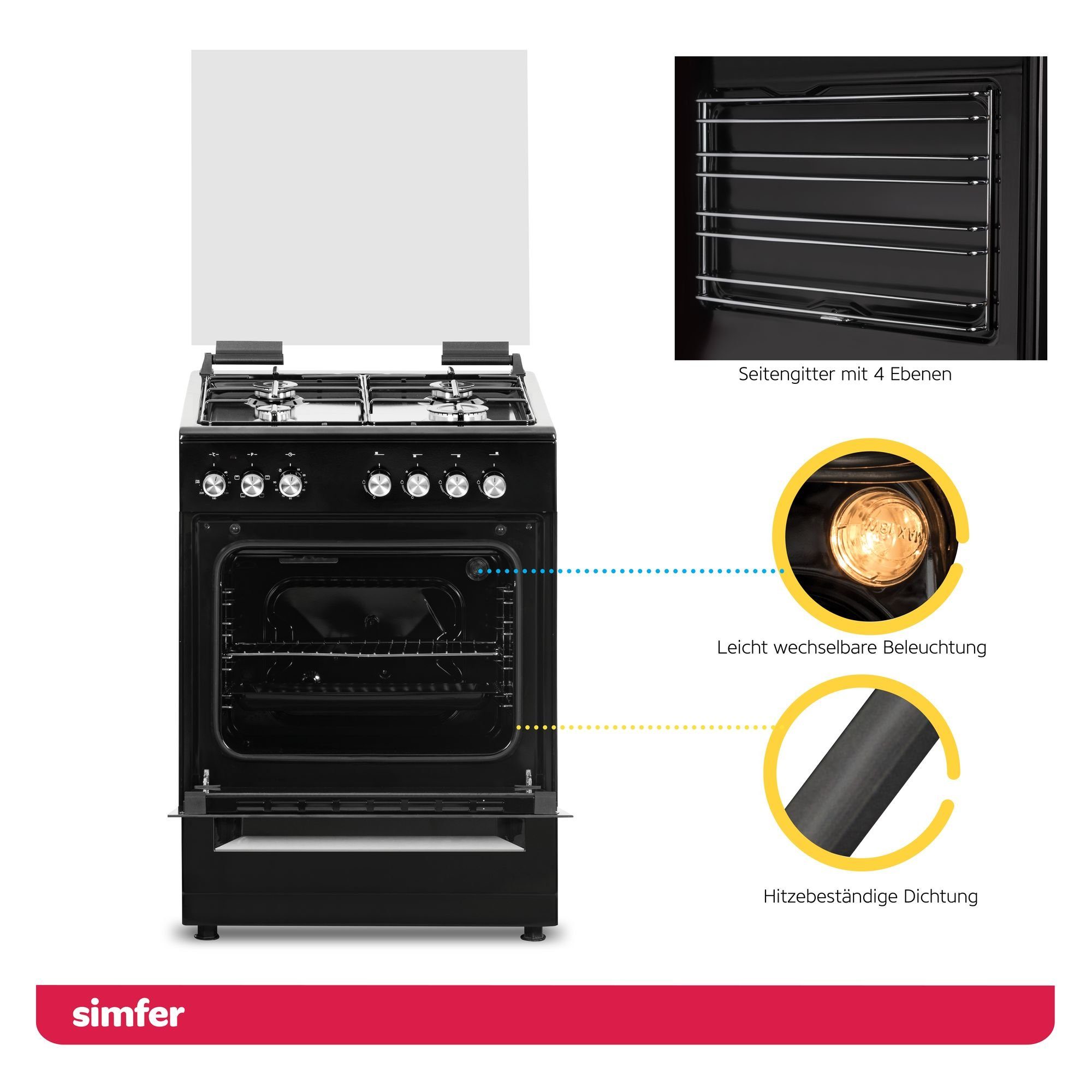 Simfer Gas-Standherd SMF FS 6031, 60 cm, Gaskochfeld mit Elektro-Backofen, 66 Liter Garraum, mit Teleskopauszug nachrüstbar, Grillfunktion, Seitengitter, Timer, Elektrische Taktfunkenzündung