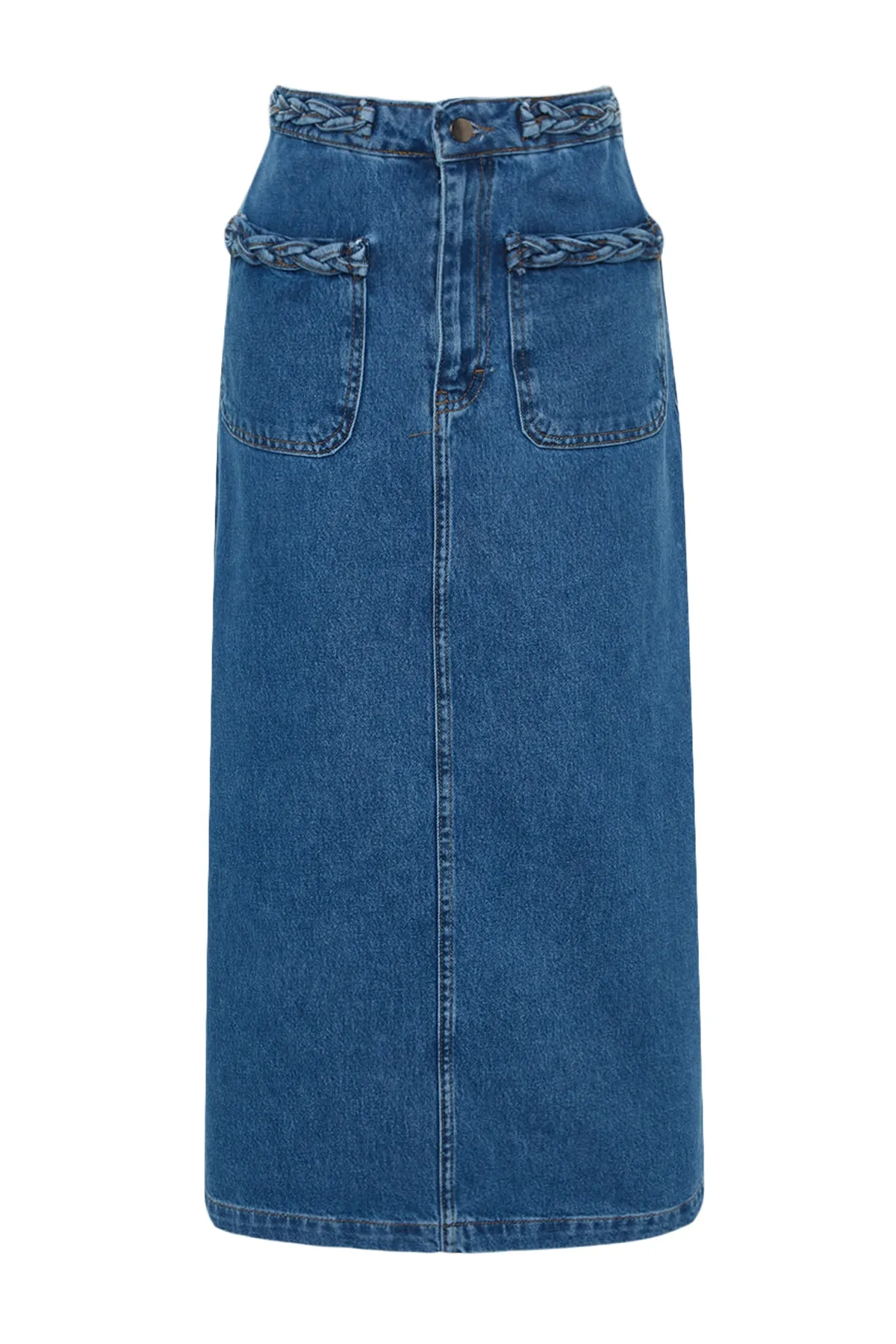 Trendyol Modest  Indigo-Jeansrock mit zwei Taschen aus Denim TCTSS23EE00000