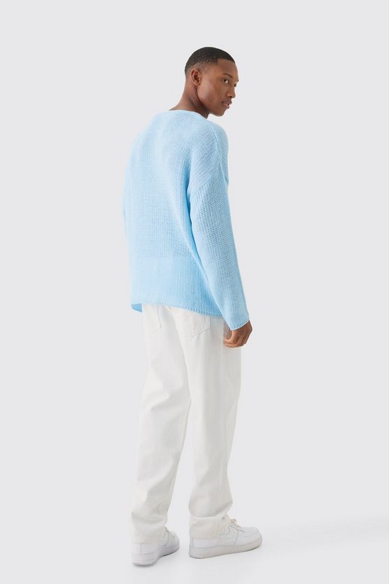 Kastiger Oversize Jacquard-Pullover in Hellblau