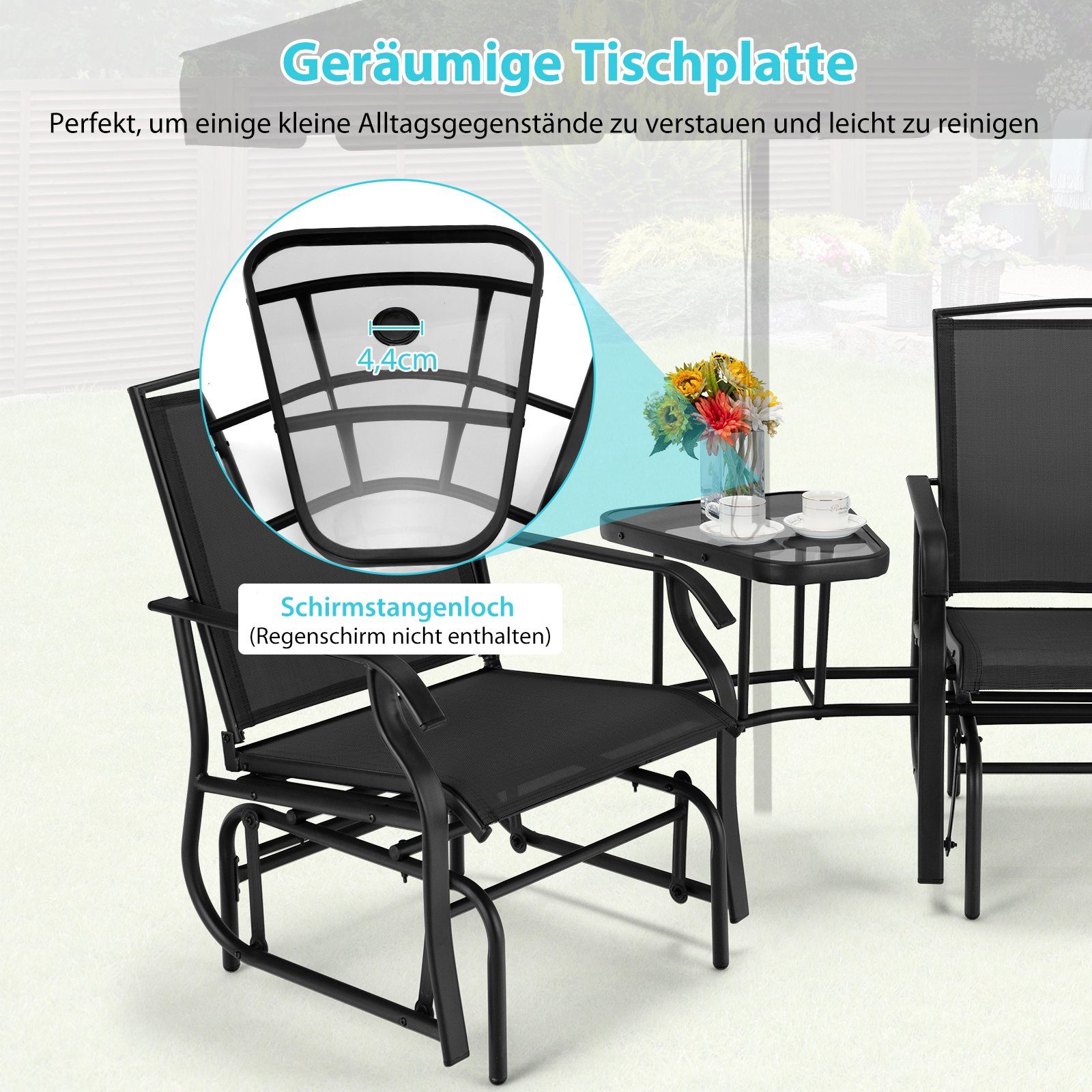 COSTWAY Balkonset, 2 Sitzer Schaukelstuhl, mit Tisch & Schirmloch, 150kg