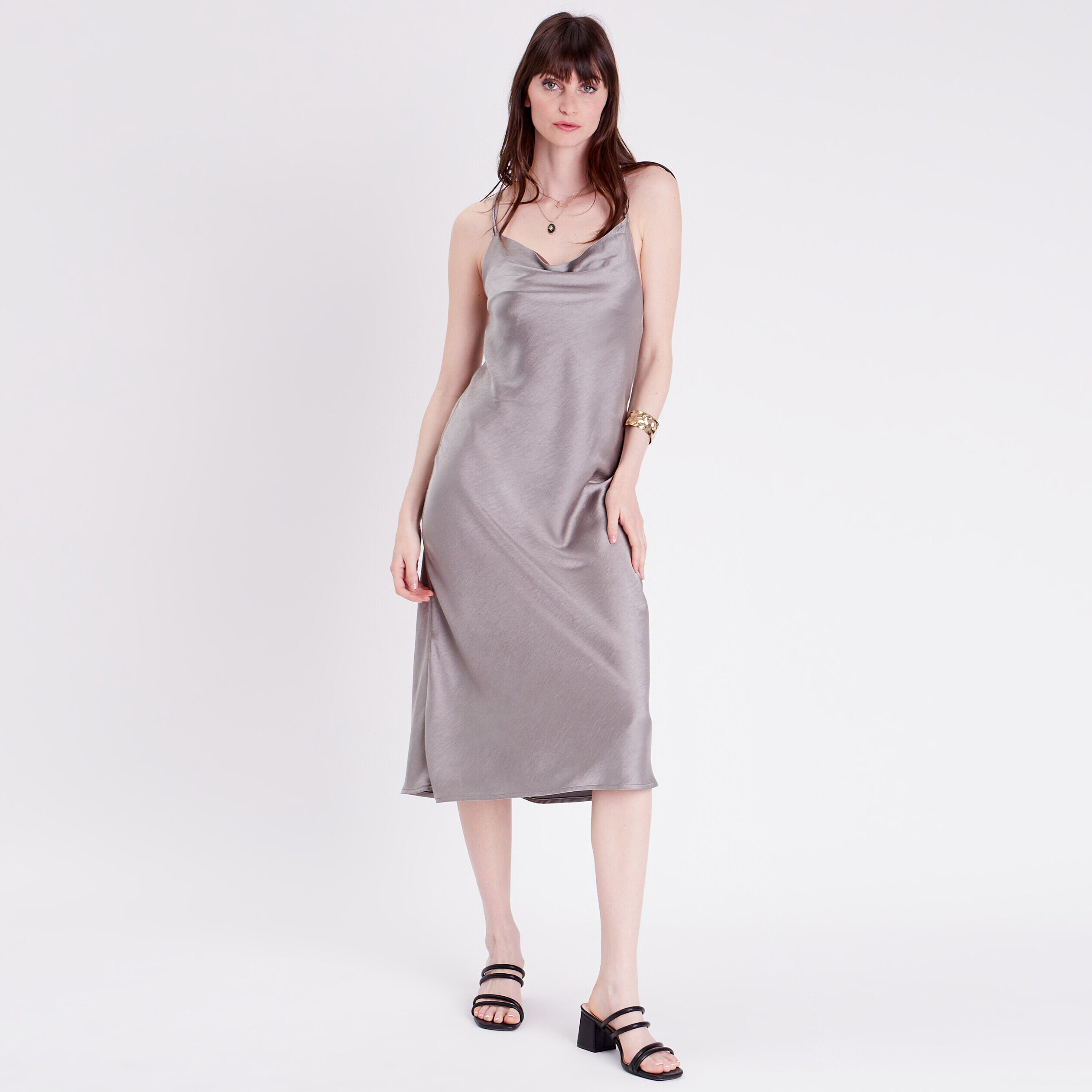 Robe midi moulante satin gris argent femme | Cache Cache