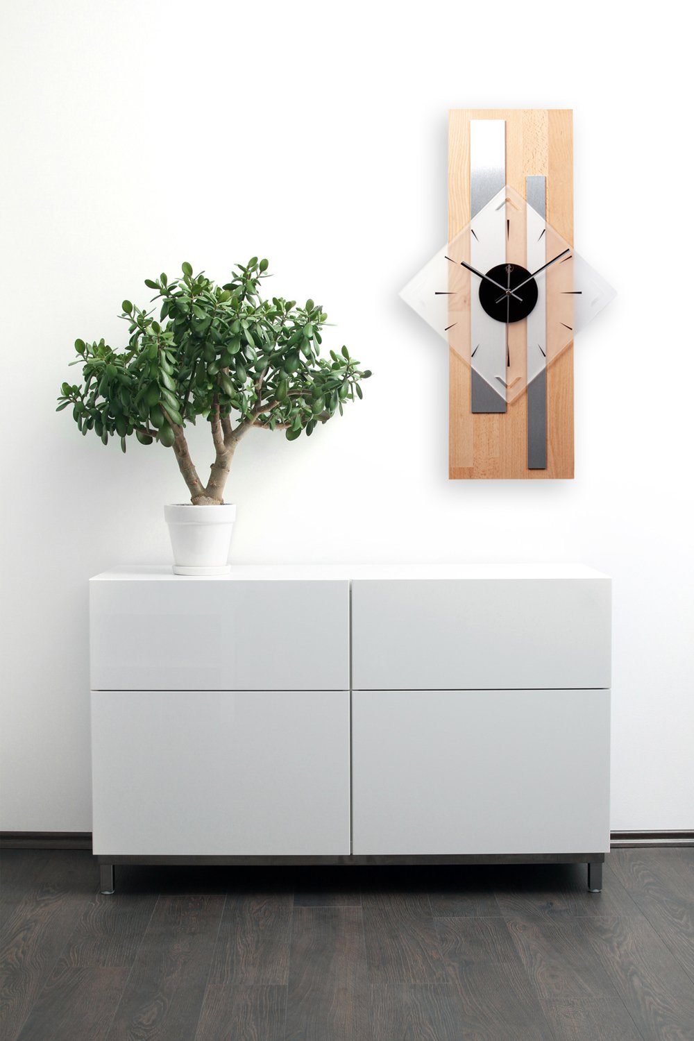 Kreative Feder Wanduhr Designer-Wanduhr „Silver Stripes“ aus hochwertigem Massivholz (ohne Ticken; Funk- oder Quarzuhrwerk; elegant, außergewöhnlich, modern)