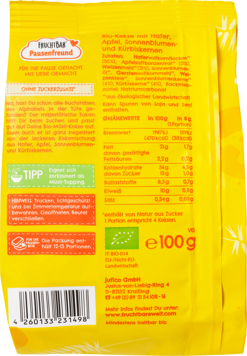 Kinderkekse Pausenfreund Müsli-Kekse, Haferflocken, Apfel, Sonnenblumen- und Kürbiskerne, ab 3 Jahren, 100 g