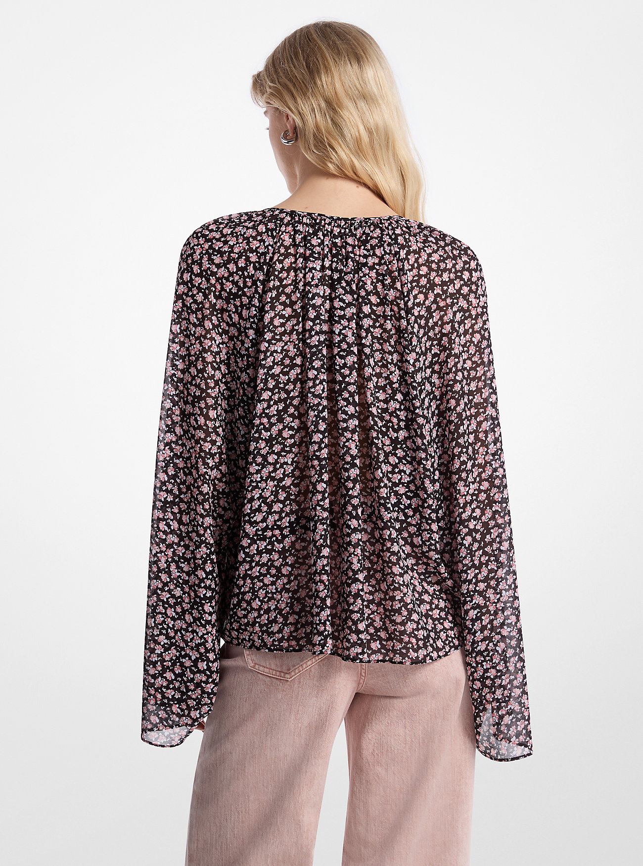 Blomsterprintet Georgette-bluse med utsvingte ermer - DUSTY ROSE