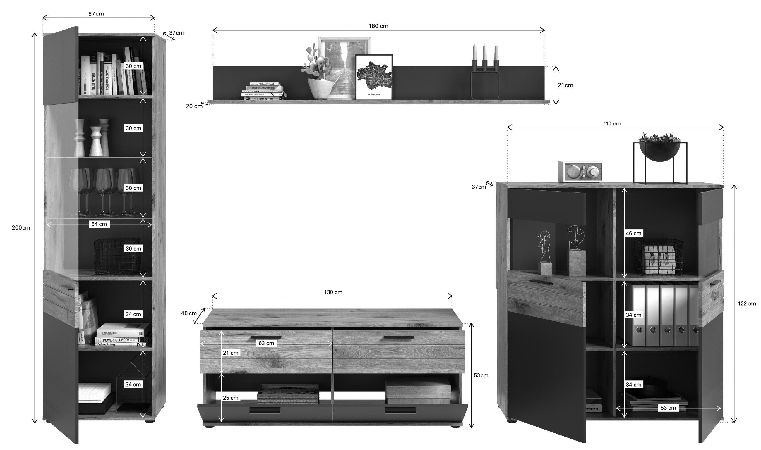 xonox.home Wohnwand Wohnwand MASON W01 4-teilig - Eiche und Basalt grau, (Komplett-Set, 4-St., Vitrine, Lowboard, Highboard, Wandboard)