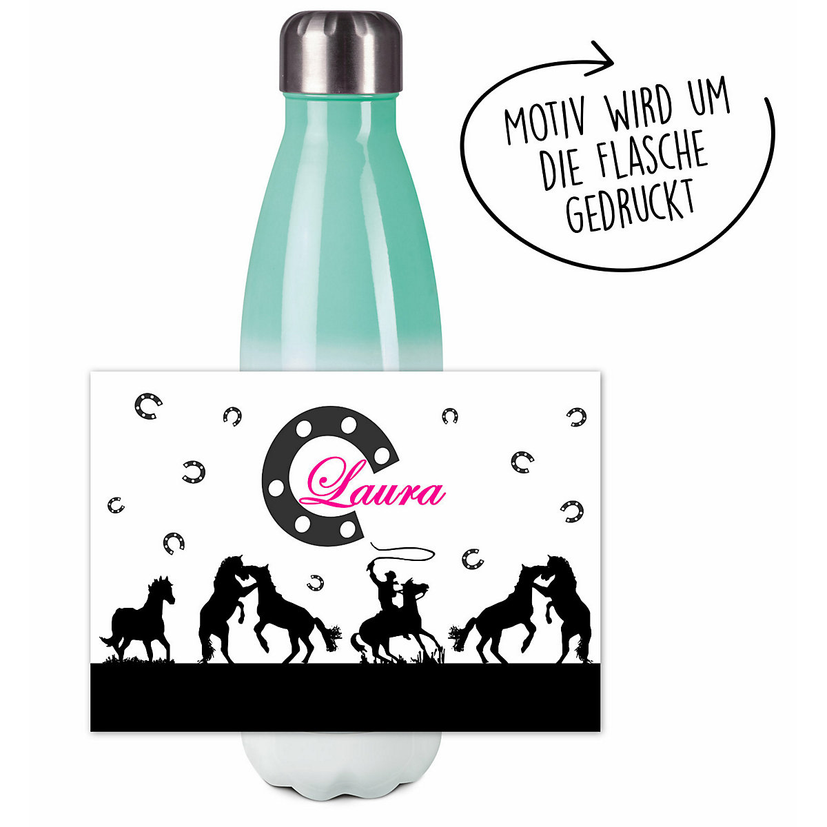 Edelstahl Kinder Thermoflasche / Trinkflasche bunt Pferd-Cowboy schwarz Spülmaschinenfest, Auslaufsicher, Bruchfest, Doppelwandig, Für Heißgetränke geeignet, Mit Deckel, Isoliert