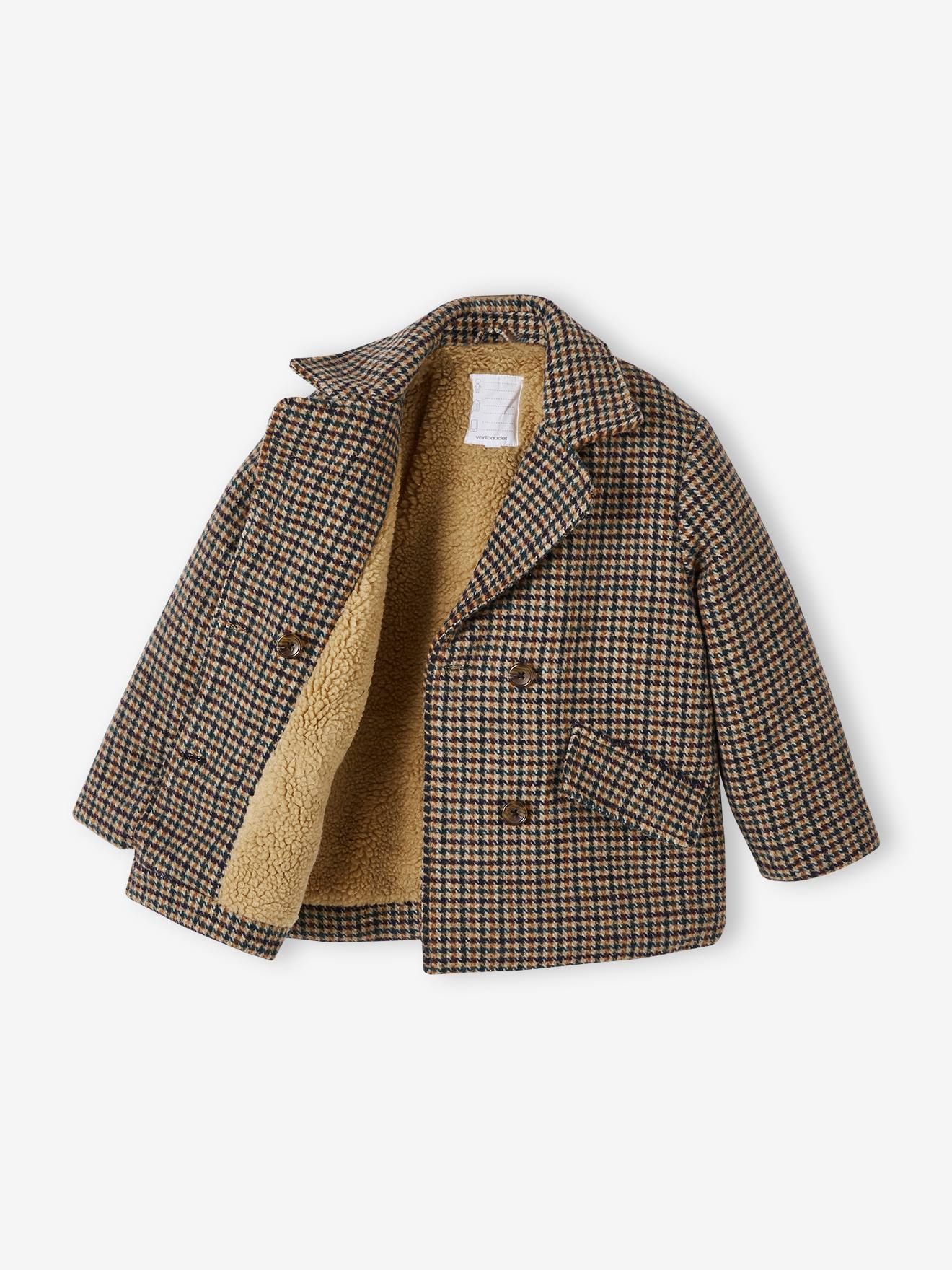 Manteau en lainage carreaux fille doublé sherpa carreaux beige