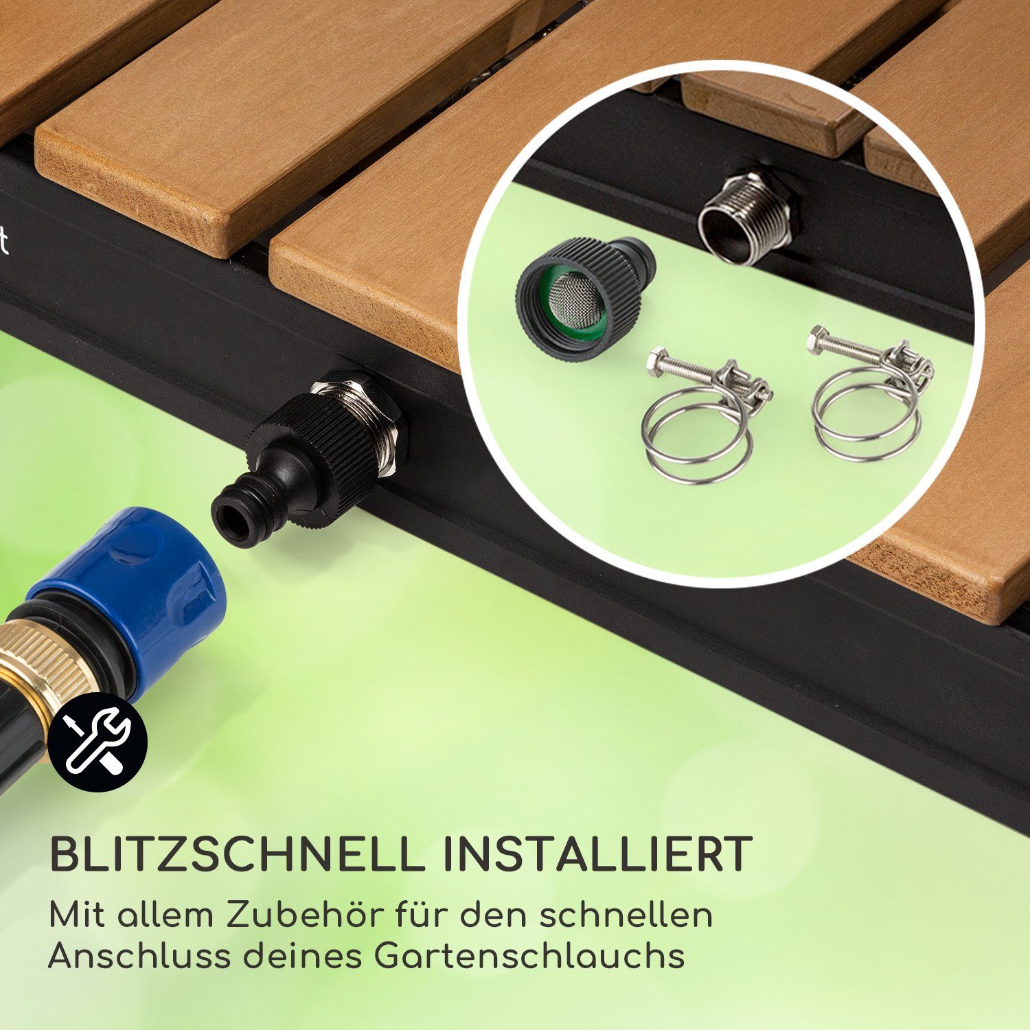 blumfeldt Gartendusche Sumatra Breeze Square Gartendusche WPC Aluminium 70x55cm eckig (Packung, 1 St), Outdooor bodenplatte Bodendusche Fußdusche Außen ohne Stromanschluss