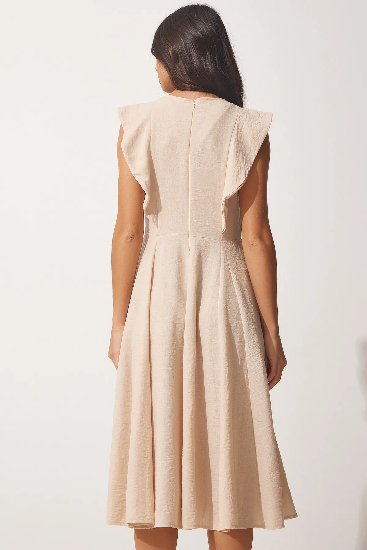 Happiness İstanbul  Damen-Sommerkleid aus cremefarbenem Volant aus Leinen TO00066