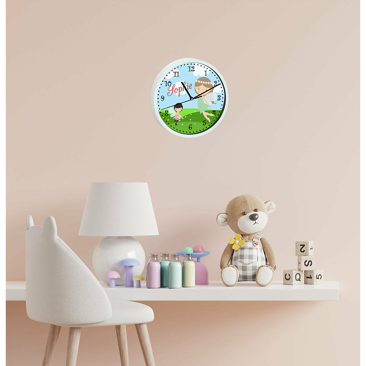 Kinder Wanduhr laufruhig personalisiert mit Name Fee