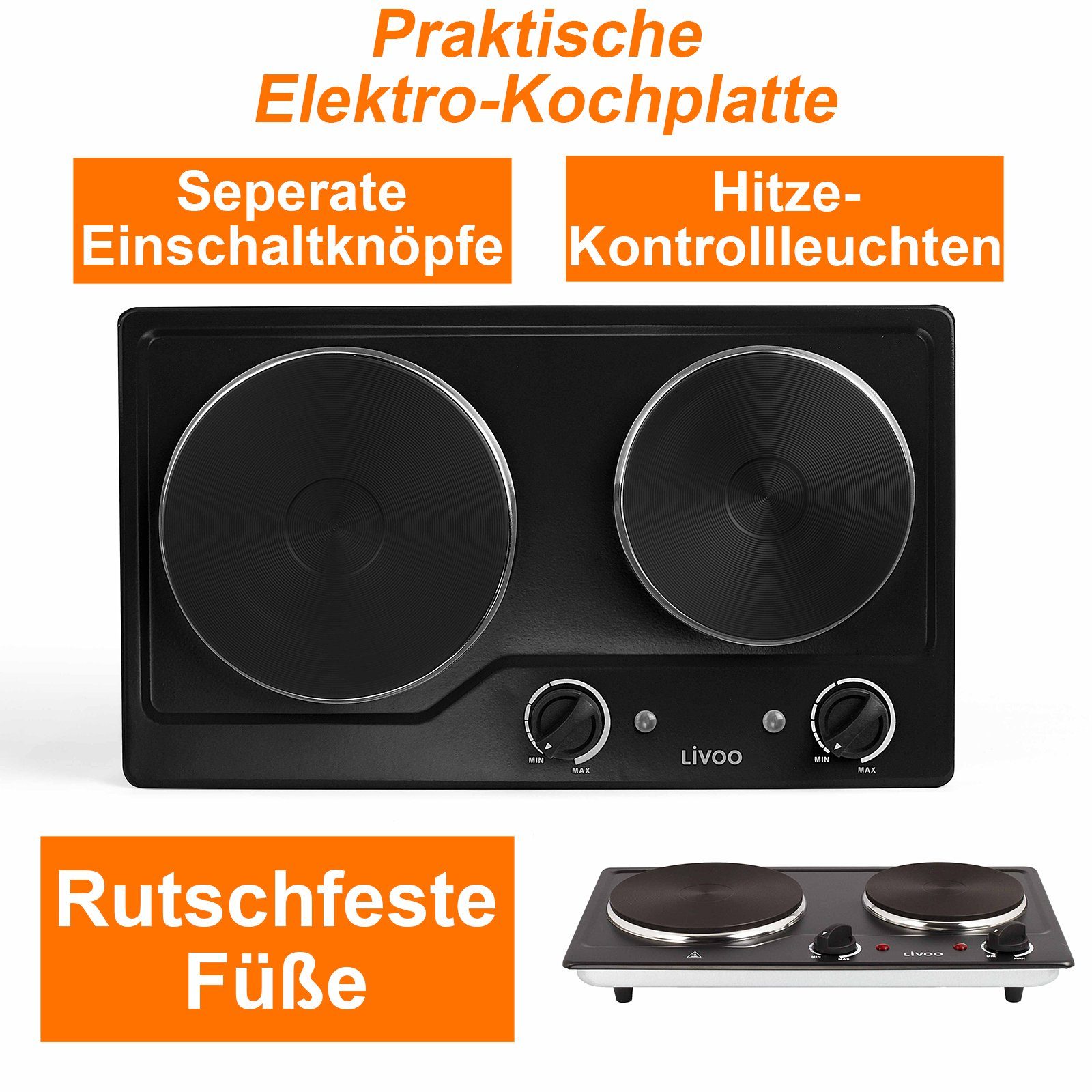 LIVOO Doppelkochplatte LIVOO elektrische Doppelkochplatte 15,5 - 18,5 cm 2500 Watt DOC168N