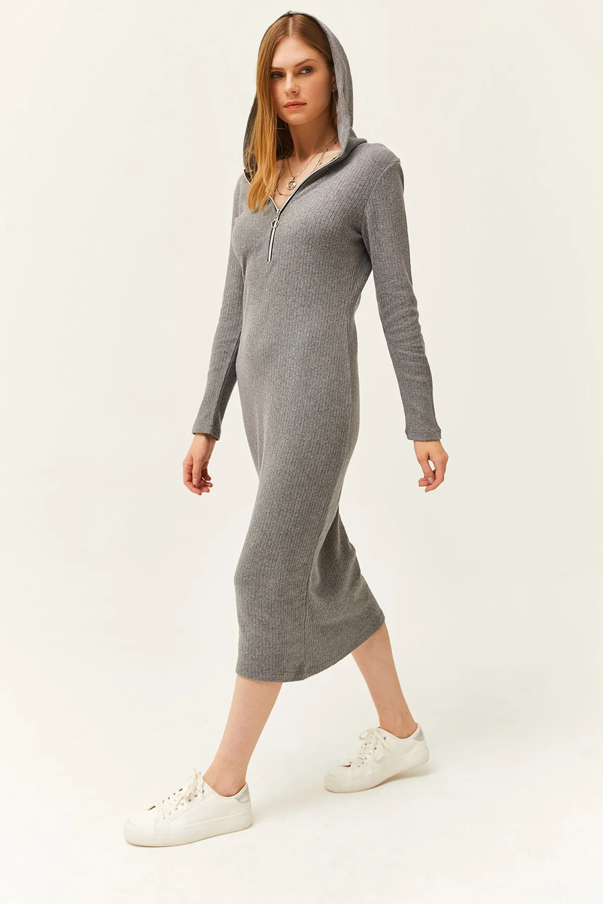 Olalook  Geräuchertes Midikleid mit Reißverschluss und Kapuze für Damen, dick gerippt, ELB-19002028