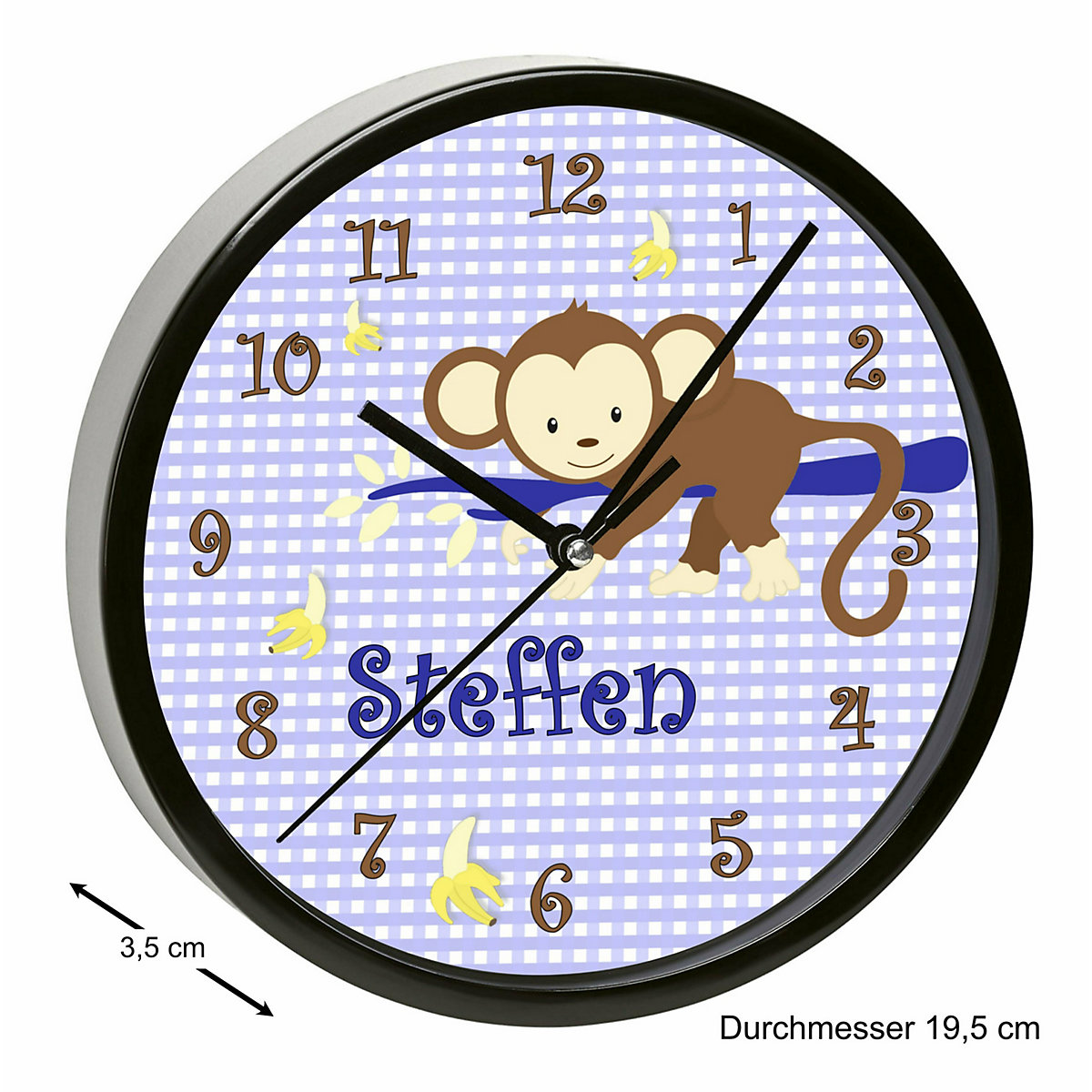 Kinder Wanduhr personalisiert mit Name Affe hängend Blau