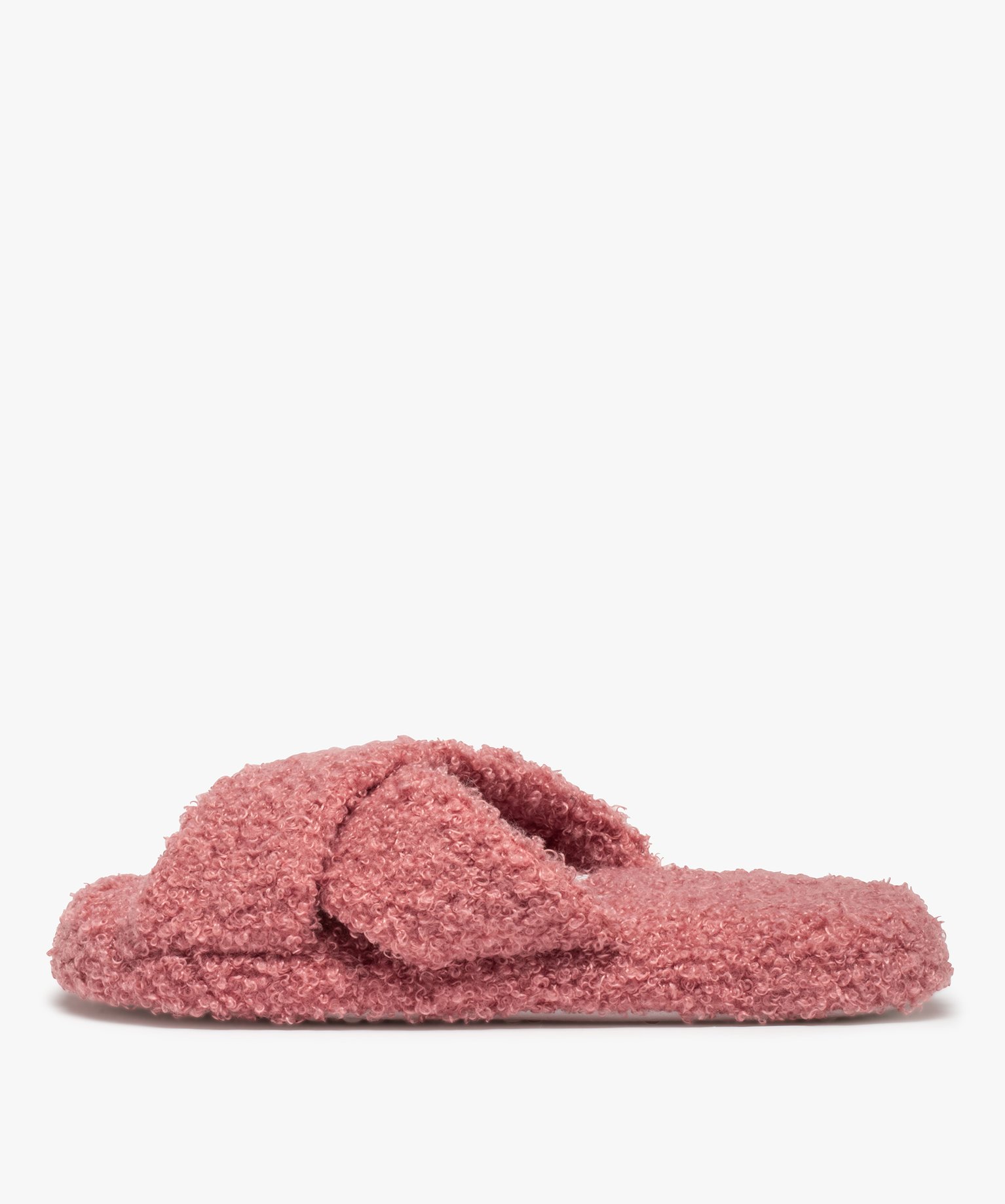 Chaussons femme mules ouvertes en maille bouclette rose | GEMO