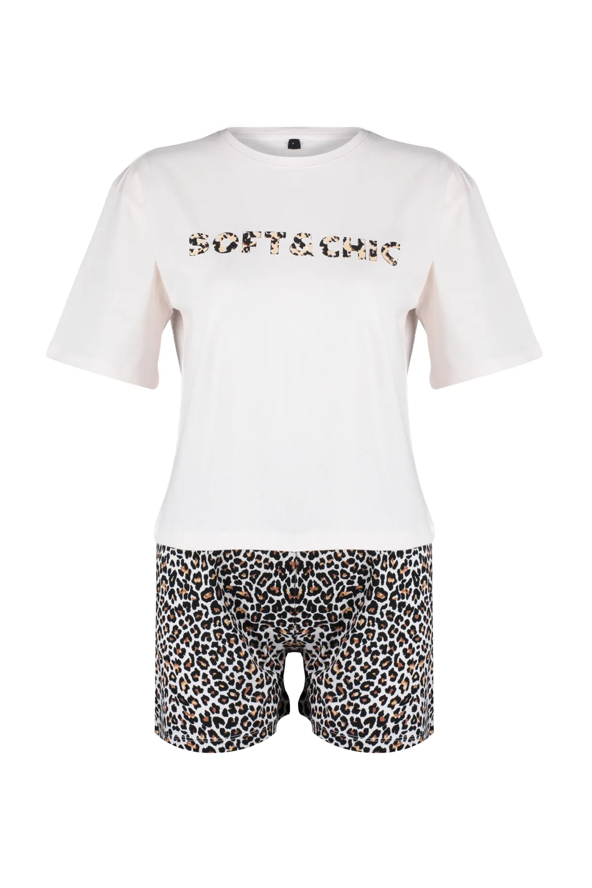 Trendyol Collection  Weiß-Mehrfarbiges Strickpyjama-Set aus 100 % Baumwolle mit Leopardenmuster THMSS24PT00041