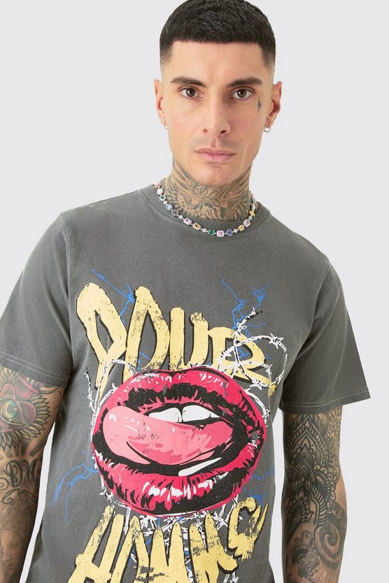 Tall T-Shirt mit Pour Homme Print und Acid-Waschung