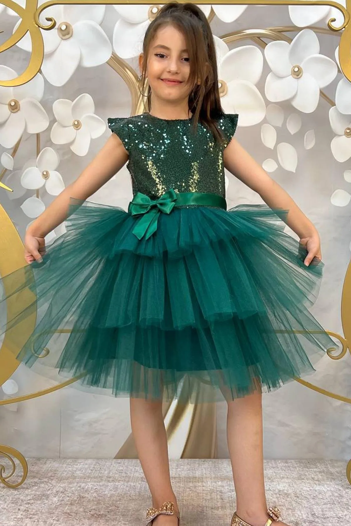 Riccotarz  Mit Pailletten besticktes Katkat-Grün-Abendkleid für Mädchen im Alter von 4–9 Jahren