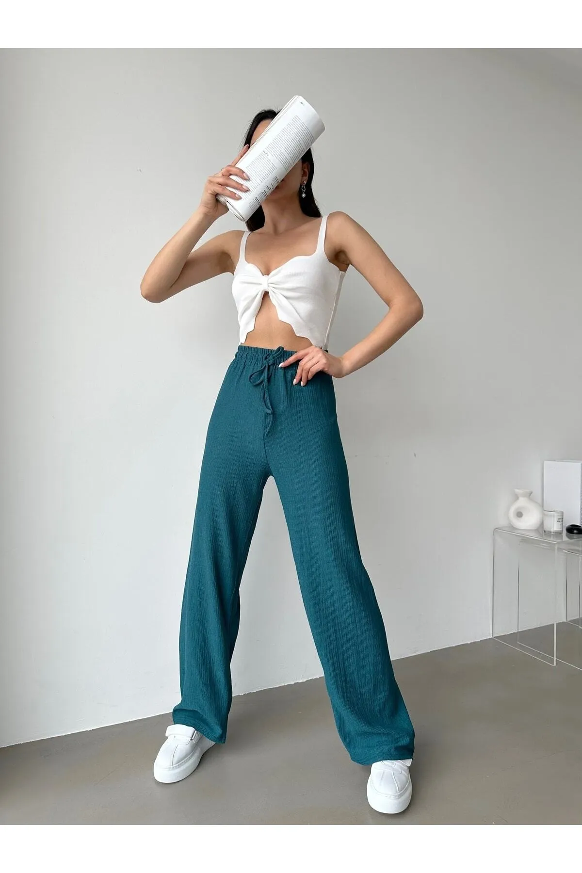 BEJNA  Petrolgrüne Palazzo-Hose mit elastischem Bund für Damen