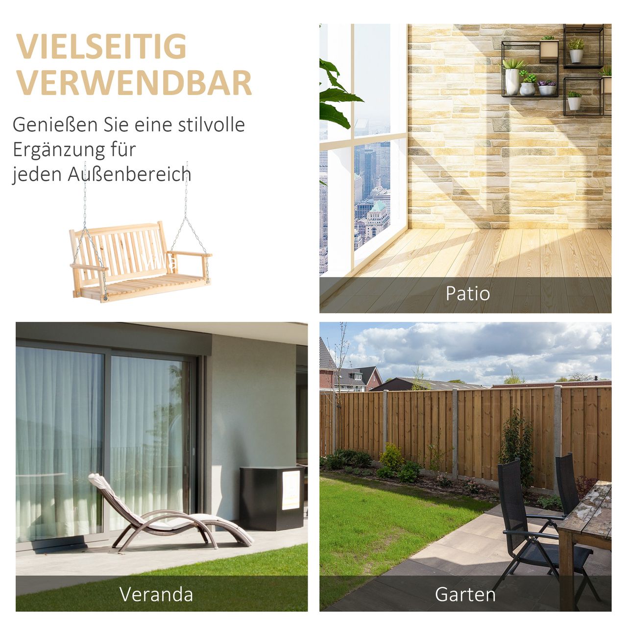 Outsunny Gartenschaukel für 2 Personen Schaukelbank Hängebank Massivholz Patio Terrasse Hinterhof Natur 117 x 69 x 60 cm