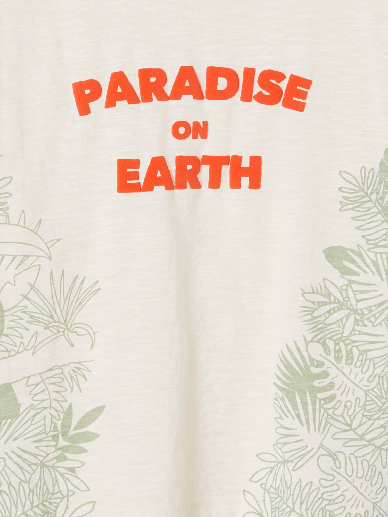 T-shirt motifs exotiques et inscription encre gonflante garçon écru