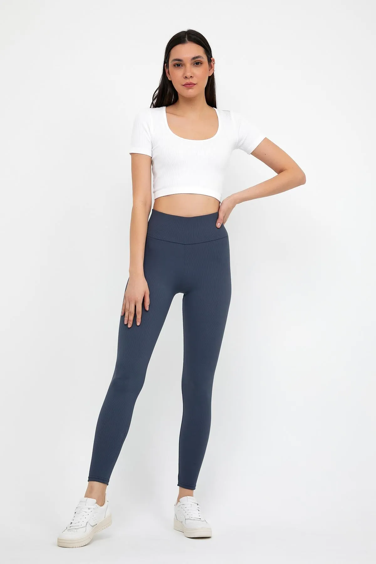 Domoda  Indigo Indigo Hohe Taille, gerippte, elastische Strickstrumpfhose mit Interlock-Taille