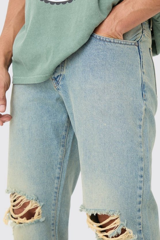 Relaxed Rigid Ripped Knee Jeans In Antique Blue