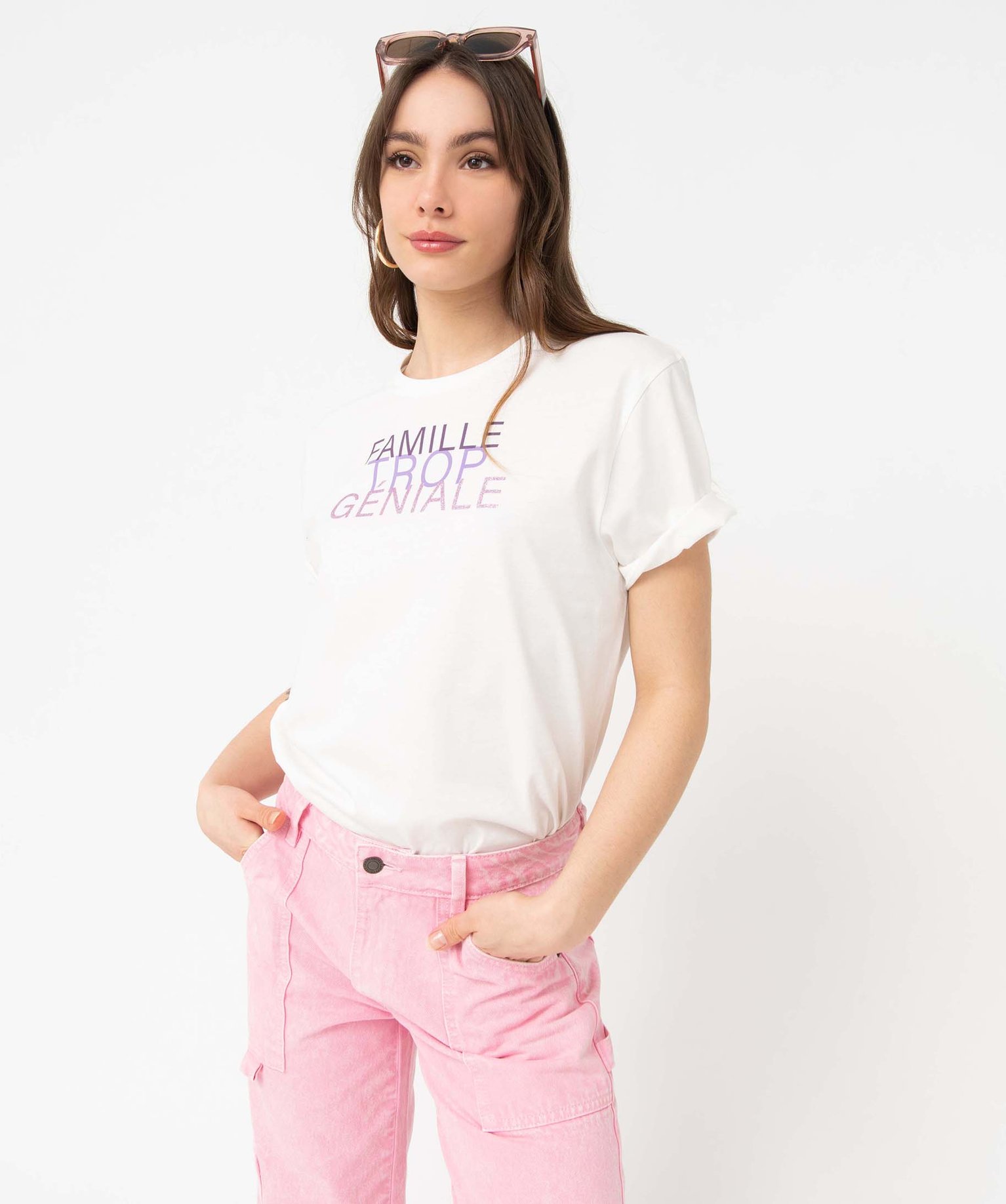 Tee-shirt femme à manches courtes avec message pailleté blanc | GEMO