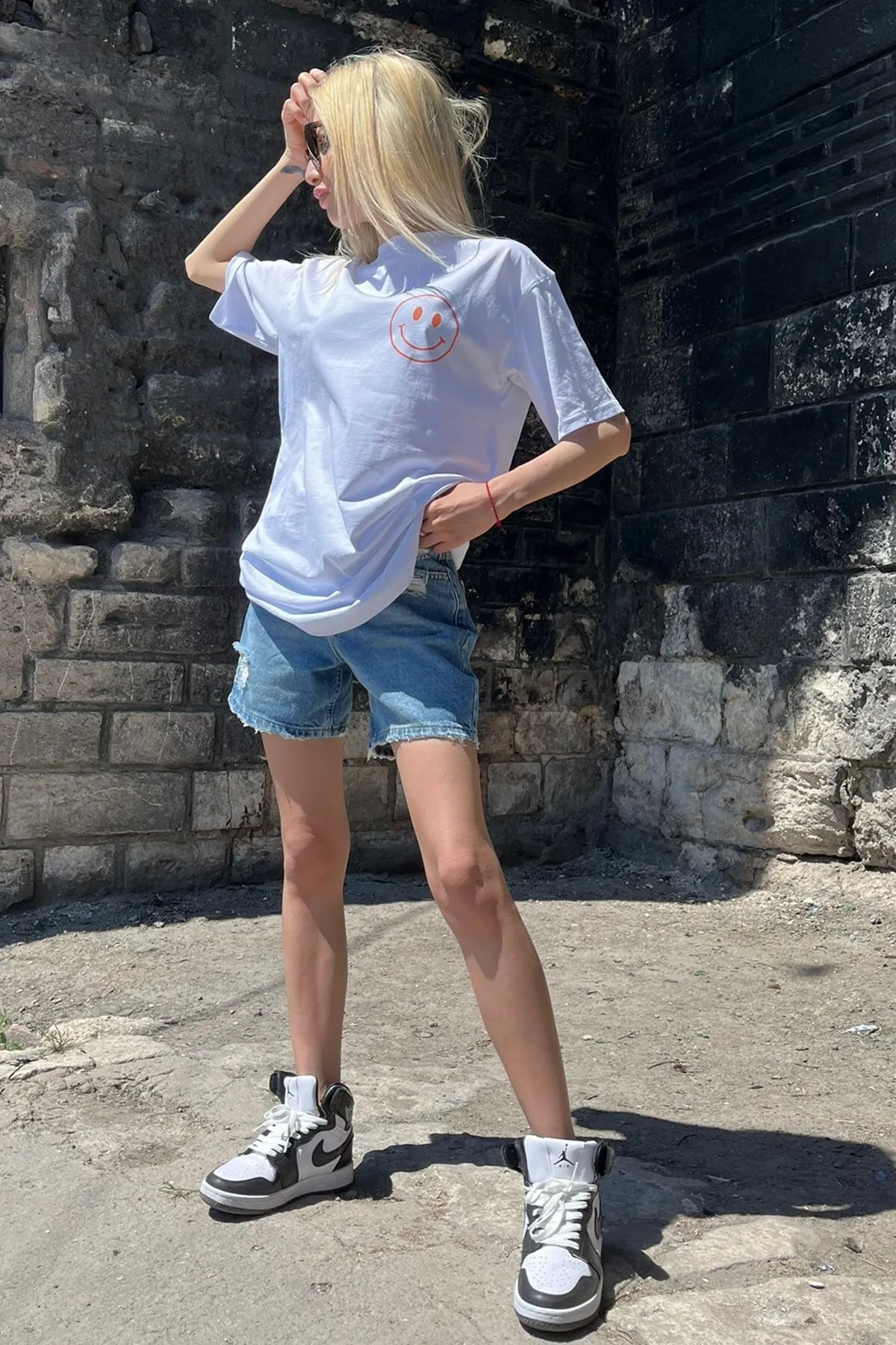 Madmext  Weißes bedrucktes Oversize-Damen-T-Shirt mit Rundhalsausschnitt