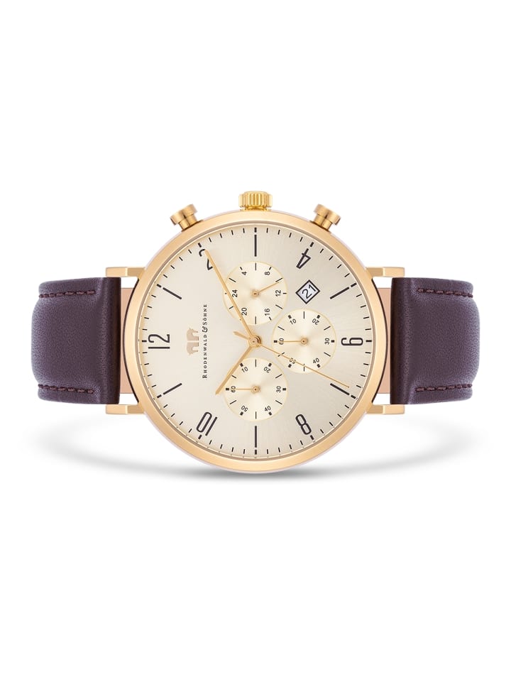 Rhodenwald & Söhne Herren Chronograph gelbgold Echtleder braun in braun günstig kaufen 21 cm