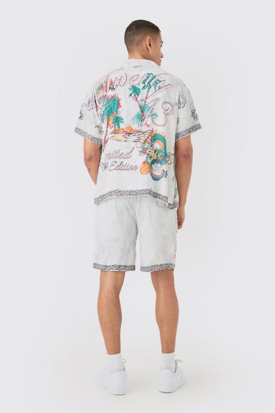 Kastiges Viskose-Hemd und Shorts mit Drachen-Print