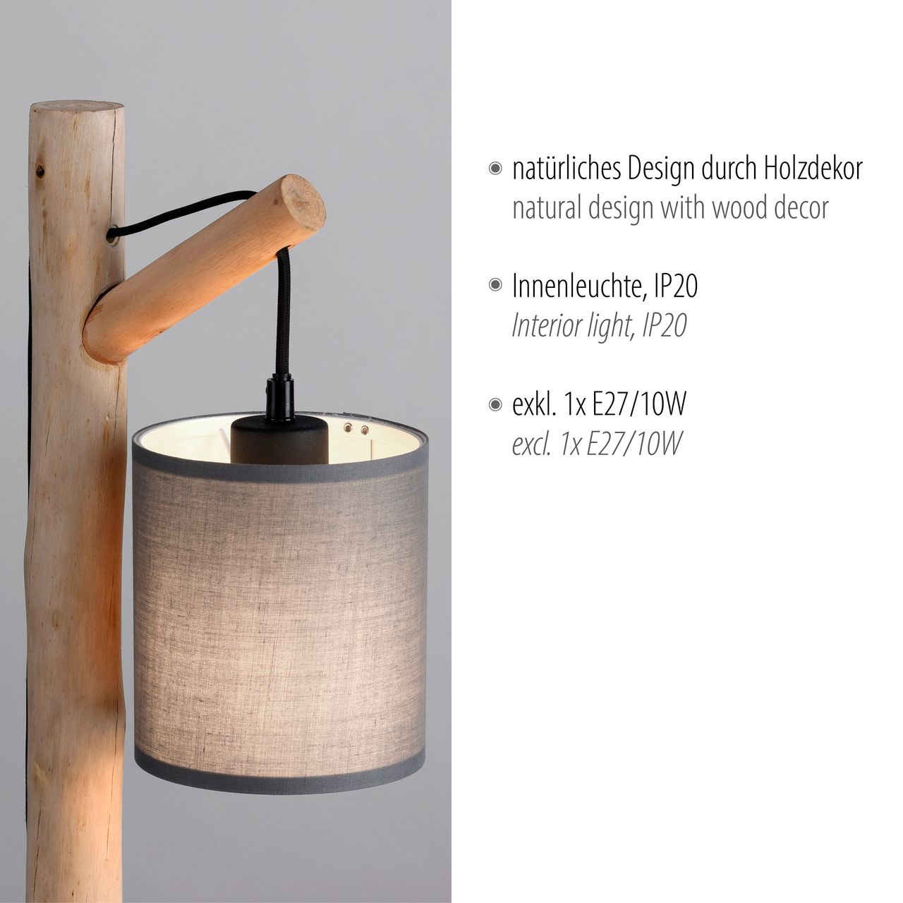 JUST LIGHT Tischleuchte GREEN TRIBU, 1x E27/10,00Watt max., Eukalyptusholz, Taupe