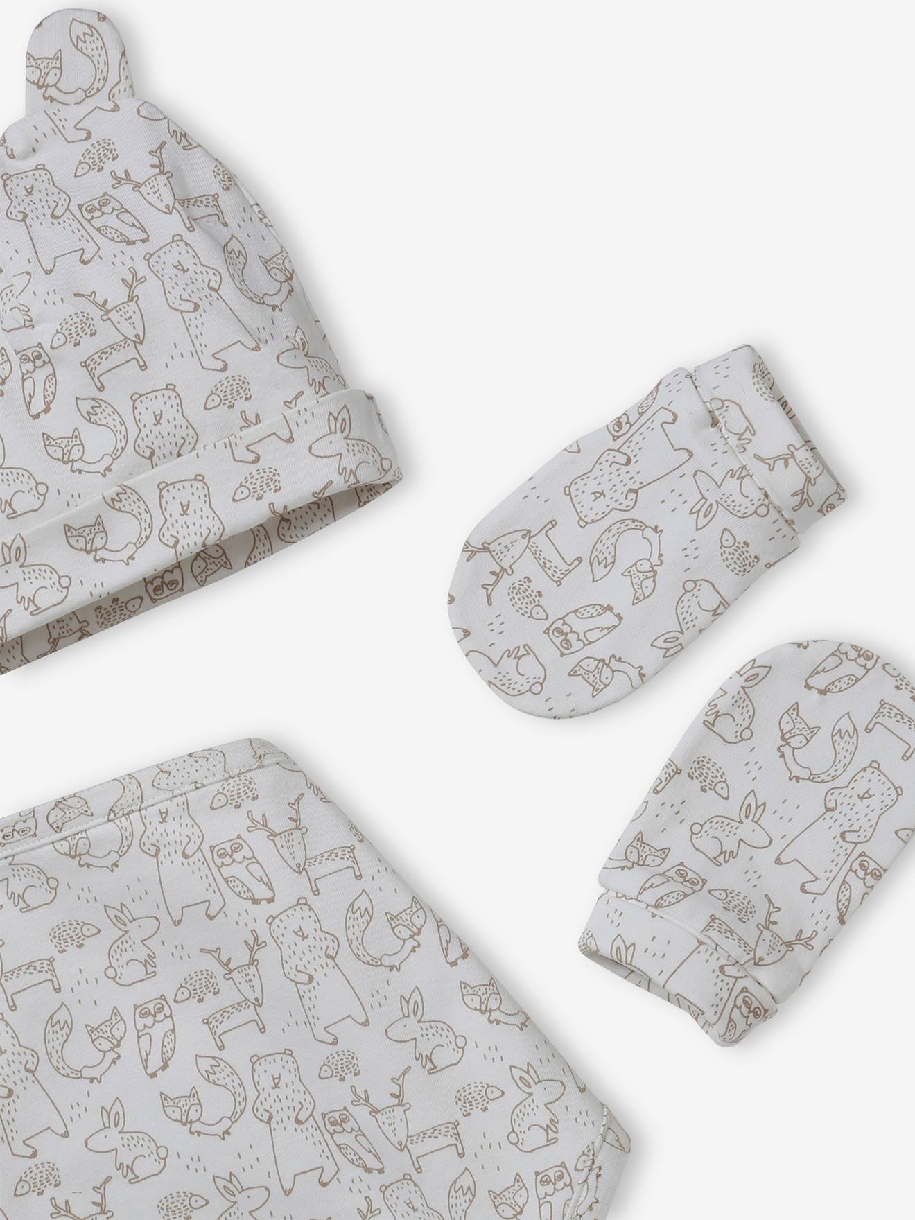Ensemble bonnet + moufles + foulard + sac bébé imprimé personnalisable taupe