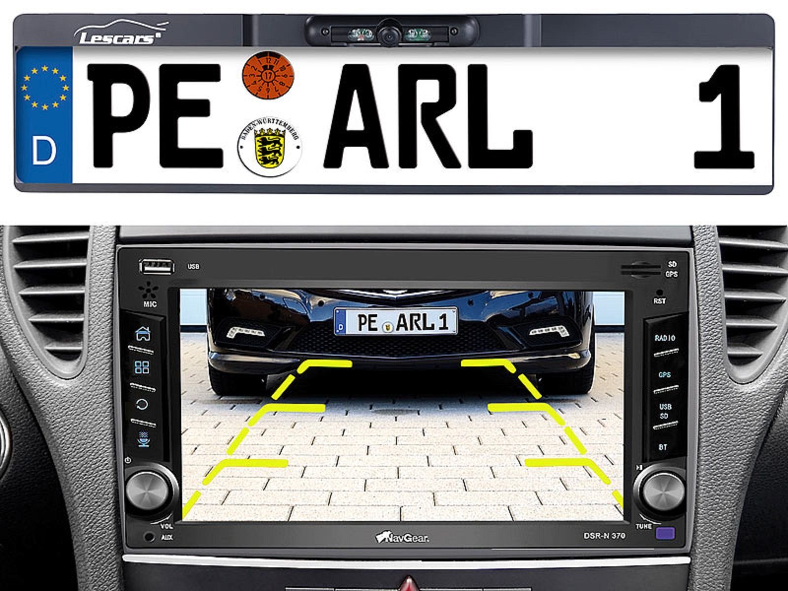 Lescars Lescars Funk-Rückfahrkamera 10,9-cm-TFT-Monitor Nummernschild Rückfahrkamera (480 x 272 Pixel, 2x Video-Cinch und Strom-Adapterstecker mit 45cm Länge, Übertragung via Funk, somit keine Kabelverlegung nach Vorne nötig)