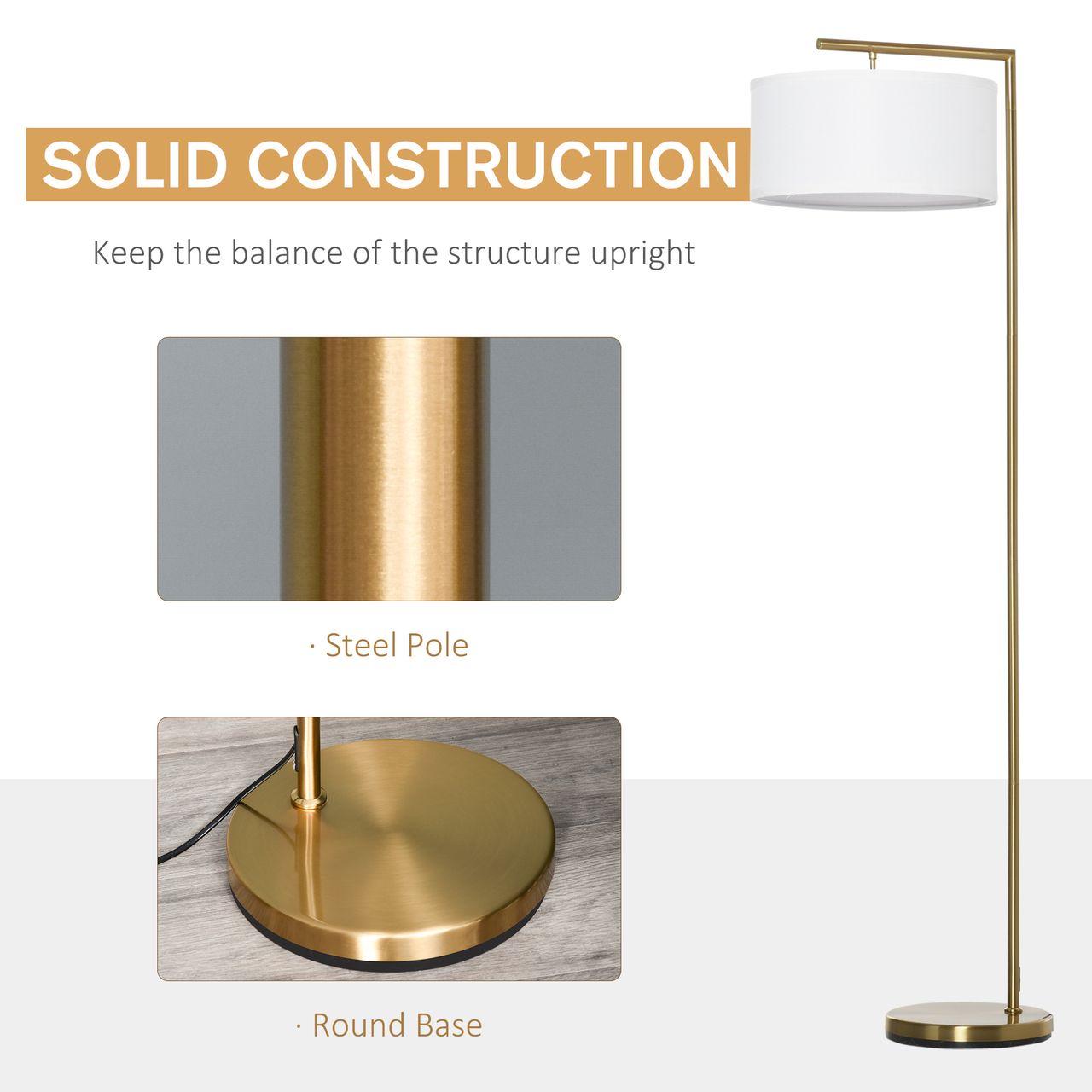HOMCOM Stehlampe für Wohnzimmer Schlafzimmer Büro Gold/Weiß E27 Sockel