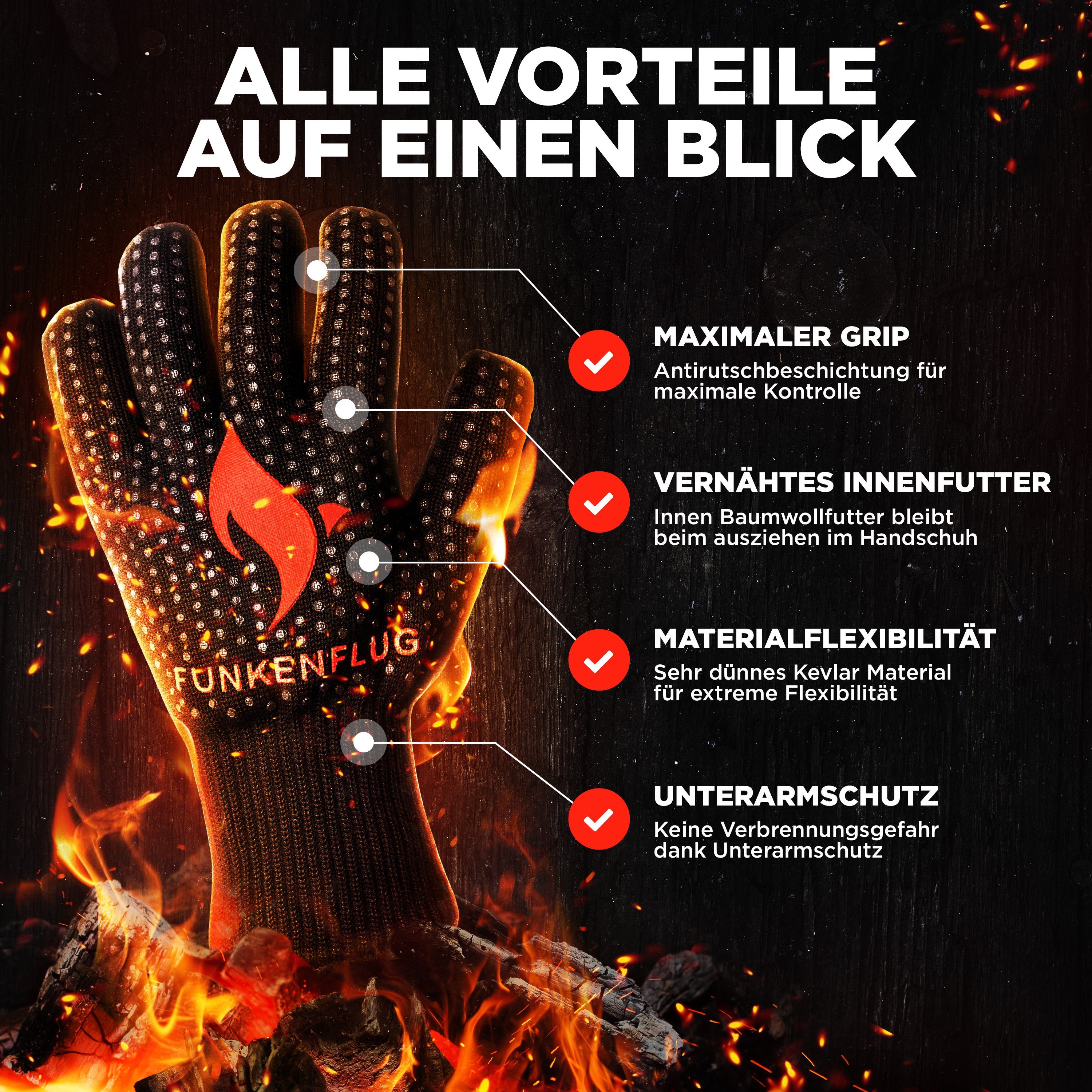 Funkenflug Grillhandschuhe Funkenflug® Premium Grillhandschuhe hitzebeständig, (3 bequeme Größen [Neu] - Lange feuerfeste Handschuhe für ein einzigartiges Grillerlebnis, 2-tlg., 1 Paar Grillhandschuhe + 2 Stück Dutch Oven E-Books), inkl. Geschenkverp