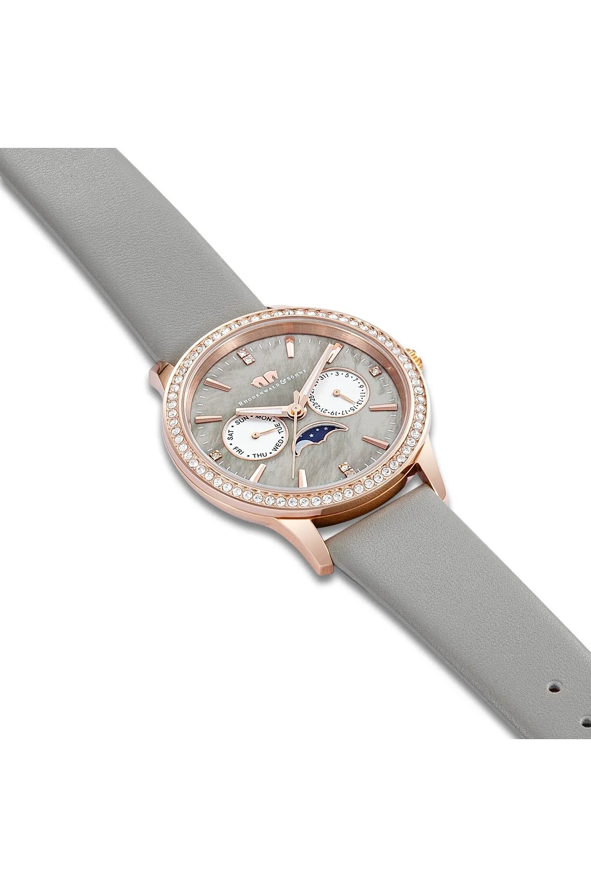 Rhodenwald & Söhne  Multifunktions Damen Multifunktionsuhr roségold Echtleder grau