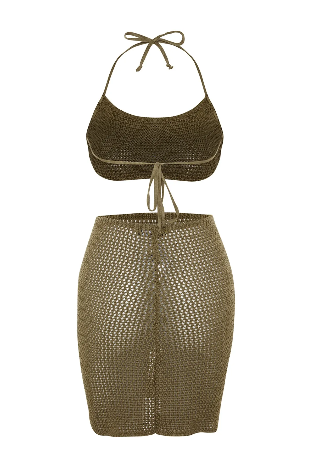 Trendyol Collection  Khakifarbenes Strick-Blusen-Rock-Set TBESS23AU00167