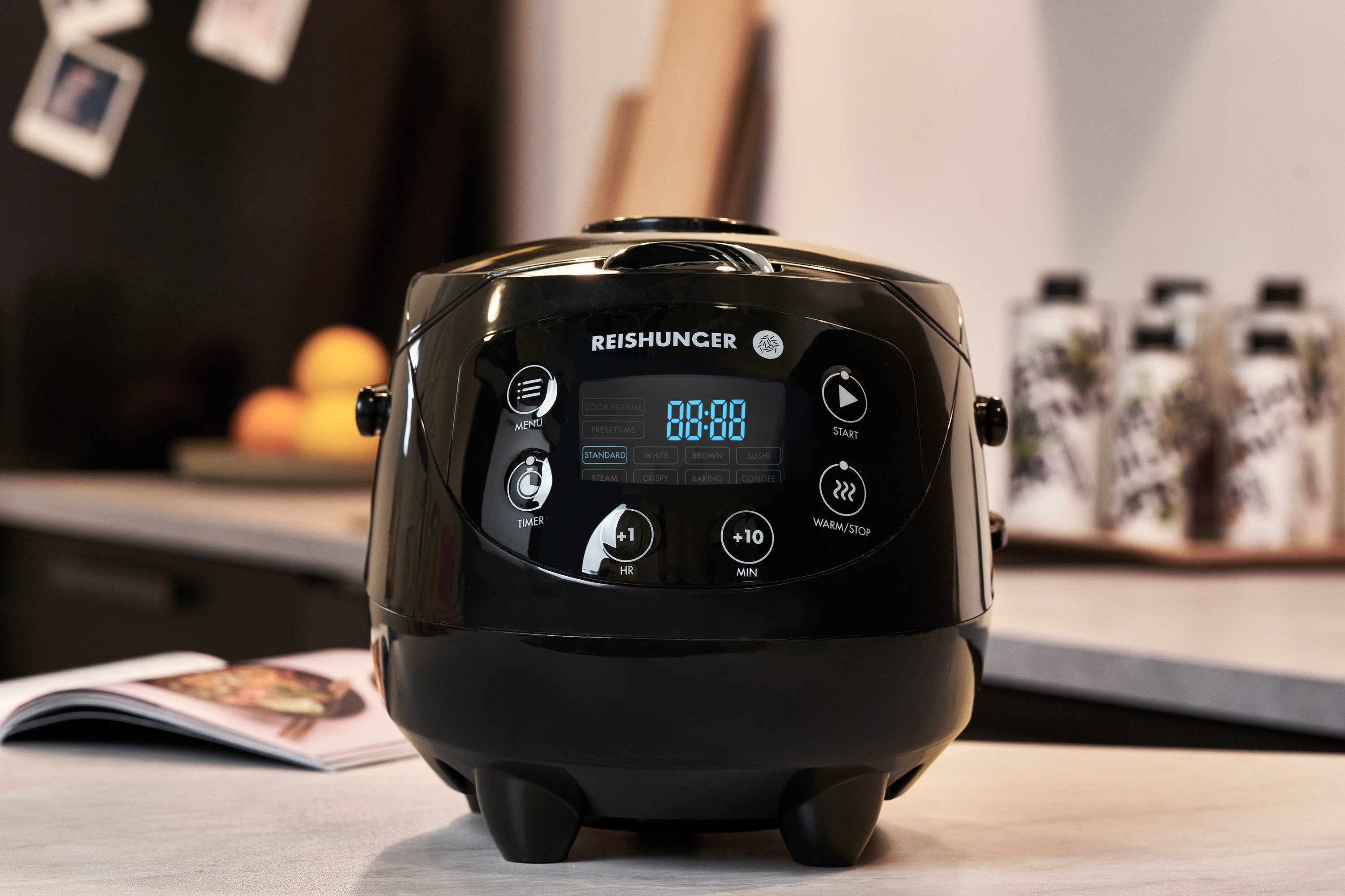 Reishunger Reiskocher - Digitaler Mini Reiskocher, 350 W, Dämpfeinsatz, Messbecher, Reislöffel, Timer- und Warmhaltefunktion