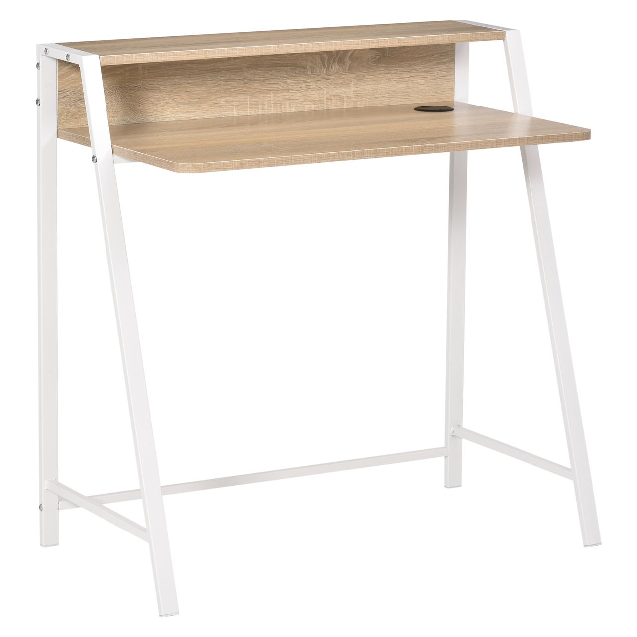 HOMCOM Schreibtisch Computertisch Bürotisch Arbeitstisch mit Ablagefach Kabeldurchlass Metall Weiß Eiche 84 x 45 x 85 cm